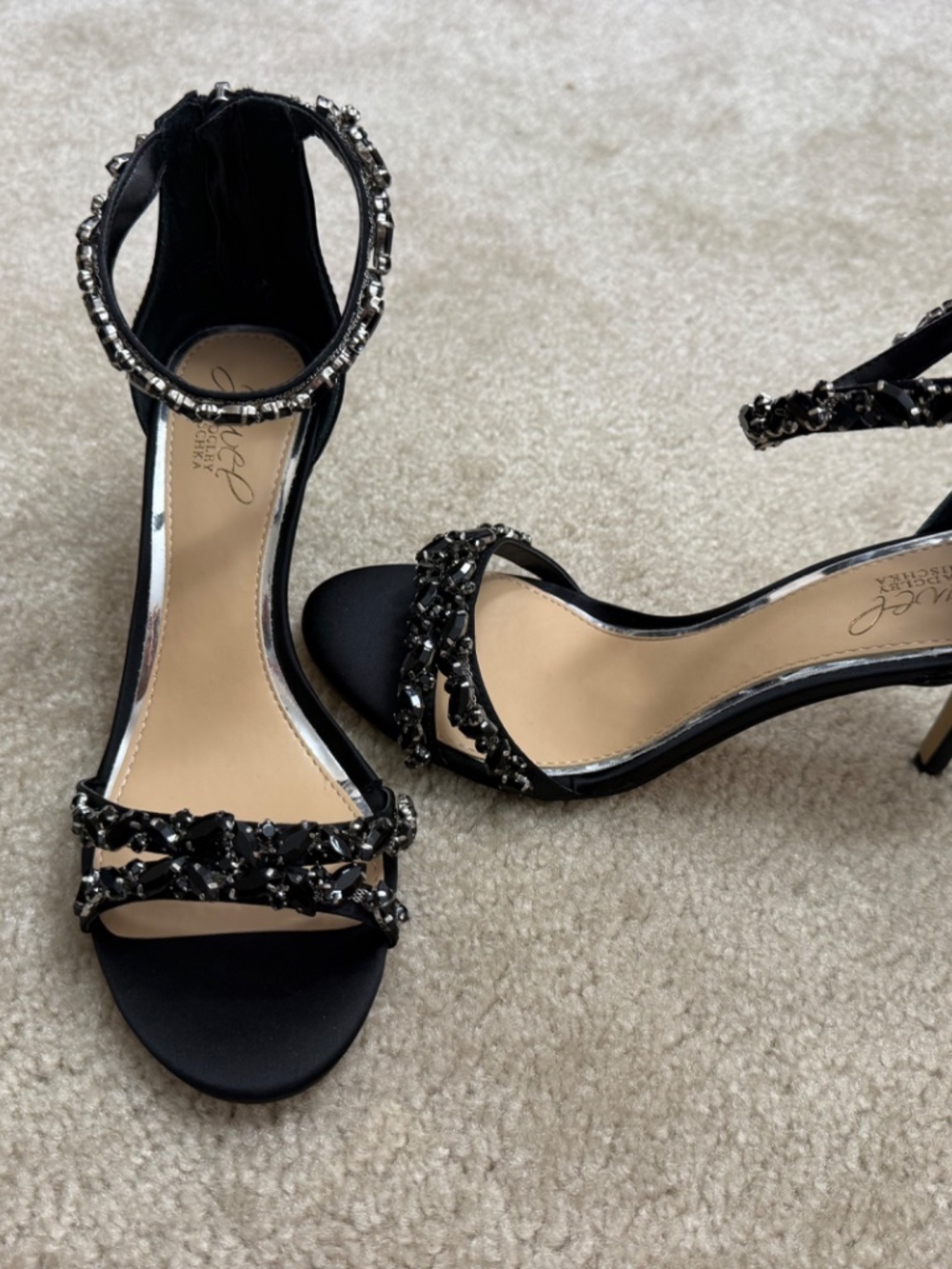 Jewel Badgley Mischa Black Satin Crystal Embellished Evening Heels Sandals Size